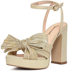 PRICES MAY VARY. Size Option: Our women's heeled sandals run narrower in the toe area; we recommend ordering a half size larger❗ We're dedicated to quality and service, so please contact us for prompt support with any questions Featuring: Pleated plissé-organza upper-Buckle-fastening ankle strap-Open toe-Knotted bow detail-Heel measures approximately 4.5 inches-Platform measures approximately 1 inches.Please refer to the product image for detailed sizing information Insanely Beautiful:These heel Gold Chunky Heels, Wedding Sandals Heels, Nude Platform Heels, Wedding Wedges, Block Heel Platform Sandals, Statement Heels, Sandals Wedding, Flowy Dresses, Stunning Shoes