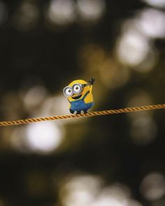 a small yellow and blue minion on a rope with trees in the back ground