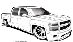 a black and white drawing of a truck with chrome rims on it's tires