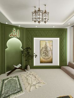 a living room with green walls and rugs on the floor, chandelier hanging from the ceiling