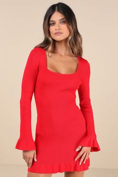 The Lulus Cozy Outlook Red Long Sleeve Sweater Mini Dress was made to be paired with a chic pair of boots and your favorite fall jacket! Stretchy ribbed knit shapes this too-cute dress that features a subtle square neckline, long sleeves with flaring ruffled cuffs, and a flirty bodycon silhouette that falls to a matching ruffled mini hem. Fit: This garment fits true to size. Length: Mid-thigh. Size medium measures 32.75" from shoulder to hem. Bust: Great for any cup size. Waist: Fitted - stretchy fabric allows custom fit. Hip: Loosely Fitted. Undergarments: May be worn with a strapless bra, adhesive bra, petals, or no bra. Fabric: Fabric is very stretchy. Unlined. 70% Viscose, 30% Polyester. Hand Wash Cold. Do Not Bleach. Line Dry. Iron Low Heat. Imported. Lulus | Cozy Outlook Red Long Sle Winter Mini Dress, Winter Mini Dresses, Sweater Mini Dress, Red Sweater Dress, Fiesta Outfit, Red Turtleneck, Family Pics, Red Long Sleeve, Red Sweater