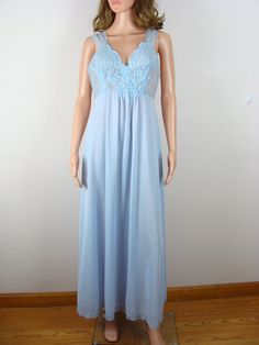 Vintage Nightgown 60s Van Roalte Full Length Nylon Chiffon Gown Appliqued Lace Flowy Romantic Lingerie House Dress Powder Blue Bow Glam Sheer Blue Sleep Dresses, Blue Sheer Sleep Dresses, Blue Sheer Nightgown, Sheer Blue Nightgown, Blue Sheer Sleeveless Nightgown, Beautiful Nightgown, Peignoir Sets, Vintage Nightgown, Full Length Gowns