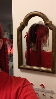 braids. red hair. bows. inspo. slicked back hairstyle Red Bows In Hair, Red Ribbon Hairstyles, Red Ribbon In Hair, Red Bow Hairstyle, Braids Red Hair, Slicked Back Hairstyle, Cowgirls Hairstyles, Red Bow Hair, Red Hair Ribbon