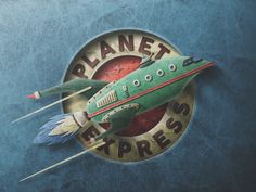 a green airplane with the word planet express painted on it's side and two arrows pointing up