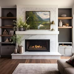 a living room filled with furniture and a fire place