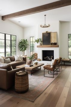 a living room filled with furniture and a fire place in the middle of a room