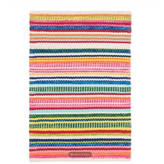 a multicolored striped rug on a white background