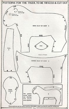 the diagram shows how to cut and sew an animal's head, neck, legs