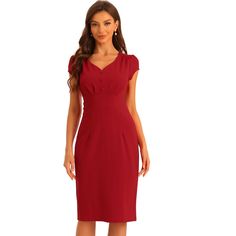 With soft fabric, this elegant pencil dress with a special and classic, fit and flared hem design adds to your choice for the upcoming seasons. Breathable and stretch material, this workwear classic dress can perfectly draw out your waistline and elongate your legs. The solid color dress office wear can be paired with high heels can build an urban chic elegant business lady look. Red A-line Office Dress, Red Knee-length Dresses For Office, Fitted Sheath V-neck Dress For Office, Red Knee-length Office Dress, Red 3/4 Sleeve Dress For Work, Sweetheart Neck Dresses, Summer Tank Dress, Womens Sheath Dress, Long Sleeve Knit Dress