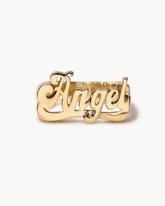 Not all angels have wings but they do wear solid gold. While nameplates have no singular origin, much of the Nameplate jewelry you see today stems from the iconic Fulton Street in Brooklyn during the 80s and 90s. Today, we pay homage to this legacy with a modern approach and bold, spirited design which we are honored + excited to share. This ring is made in 14k gold and is intentionally designed completely solid (no hollow rings here). With this ring weighing in around 9-11 grams (depending on t Sophia Kelly, Nameplate Jewelry, Not All Angels Have Wings, M Jewelers, Angel Ring, Fulton Street, Hollow Ring, Heaven Sent, Gold Piece