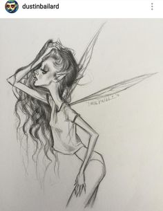 a pencil drawing of a woman with wings on her head and arms behind her back