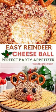 Make your Christmas party magical with this cute Rudolph Reindeer Cheese Ball! This kid-friendly, make-ahead appetizer is perfect for the holiday season. Made with a creamy cheese ball base and topped with pretzel antlers, it's an easy recipe that will delight everyone at your holiday gathering. Whether you're planning a Christmas-themed event or just need a simple holiday snack, this festive cheese ball is a crowd-pleaser. Perfect for any holiday spread! Rudolph Cheese Ball Recipes Easy, Mediterranean Cheese Ball, Holiday Apps Christmas, Holiday Trays Party Appetizers, Polar Express Recipes, Hallmark Christmas Party Food Ideas, Holiday Snack Ideas Party Appetizers, Christmas Appetizer Buffet, Finger Food Ideas For Christmas Party