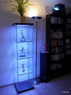 an illuminated display case with figurines on it in front of a bookshelf