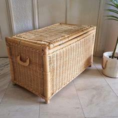 a wicker trunk sitting on the floor next to a potted plant