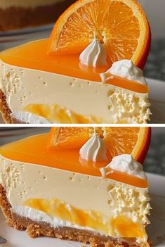 two slices of cheesecake with oranges on top