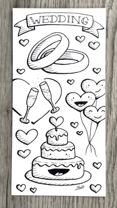 a wedding card with cake and balloons on it, in black and white inks