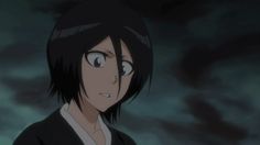 an anime character with black hair and blue eyes looking at the camera in front of dark clouds