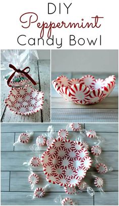 some candy canes are sitting in a bowl on the table with red and white paper