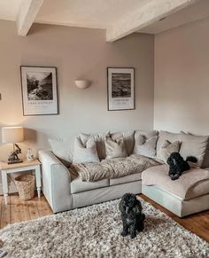 a living room filled with furniture and a dog sitting on the floor next to it