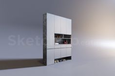 a white cabinet with shelves and shoes on it's sides in an empty room