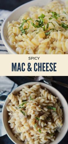 macaroni and cheese in a white bowl with the words spicy mac & cheese above it