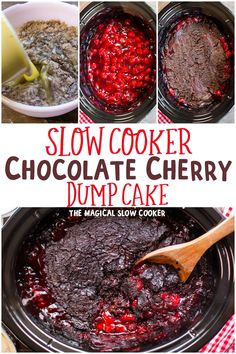 slow cooker chocolate cherry dump cake in a crock pot with text overlay