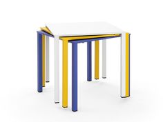 two tables with yellow, white and blue legs on each side are shown in front of a white background