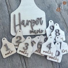 wooden tags with the words happy new year on them and numbers cut out from them