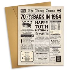 an old newspaper birthday card with the words 70 years back in 1934