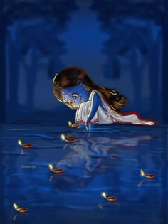 a painting of a girl floating in the water with her eyes closed and hands on her knees