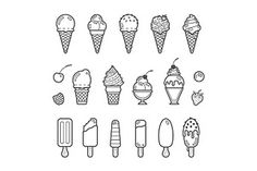 an image of ice creams and desserts line art drawing illustration on white background