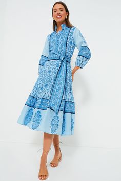 Exclusive Aqua Blue Multi Midi Flounce Victorian Frieze Dress | Sue Sartor Sue Sartor Dress, Sue Sartor, Belt Wide, Neutral Heels, Everyday Adventures, White Living, Cocktail Attire, Long Puff Sleeves, Weekend Wear