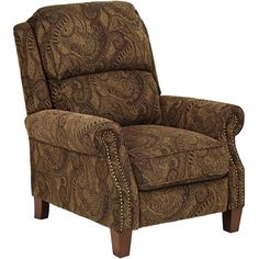 a brown paisley patterned recliner chair with nail polishing on the armrests