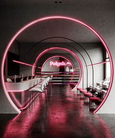 the inside of a restaurant with red neon lights and chairs in it's center