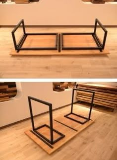 two different views of a bench made out of wood and black metal frames on the floor