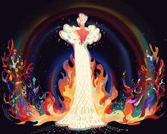 an illustration of a woman in white dress surrounded by fire and stars