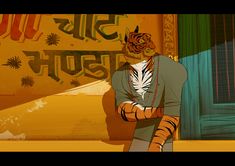 an animated tiger is standing in front of a sign with the word india on it