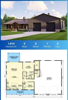 two story house plans with garage and living room in the front, one bedroom on the second