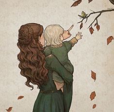 two women hugging each other in front of a tree with leaves falling from it and a butterfly on the branch