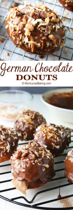 german chocolate donuts cooling on a rack with some dipping sauce in the background and another one being drizzled with chocolate