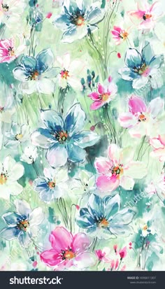 watercolor flowers on green background with blue, pink and white blooms in the foreground