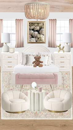 the interior of a bedroom with white furniture and pink accents, including a teddy bear