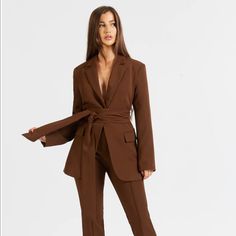 Excellent Condition. Never Worn. True To Size Because Of Alice, Tie Blazer, Blazer With Belt, Brown Suit, Bridesmaid Inspiration, Belted Blazer, Belt Tie, Brown Blazer, Brown Suits