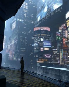 a man standing on top of a bridge next to tall buildings in a futuristic city