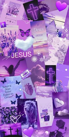 a collage of purple images with hearts, flowers and other things in the background