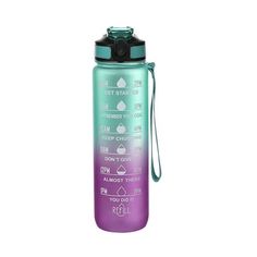 a purple and green water bottle on a white background