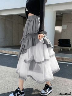 Olivia Mark - Chic and Trendy Asymmetric Cake Skirt Midi Dress with a Flirty A-line Silhouette and Unique Tulle Overlay Mesh Skirts, Patchwork Skirts, Gauze Skirts, Skirts Summer, Cake Skirt, Umbrella Skirt, Patchwork Skirt, Long Skirts For Women, Empire Dress