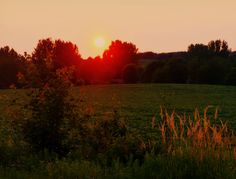 the sun is setting over an open field