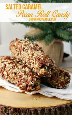 homemade granola pecan roll candy is stacked on top of each other with the title above it