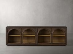 the sideboard is made out of wood and has three open shelves on each side